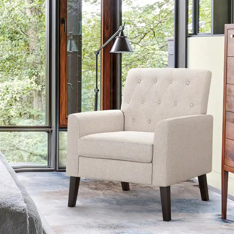 Sillón decorativo moderno de lino con botones y marco de madera maciza