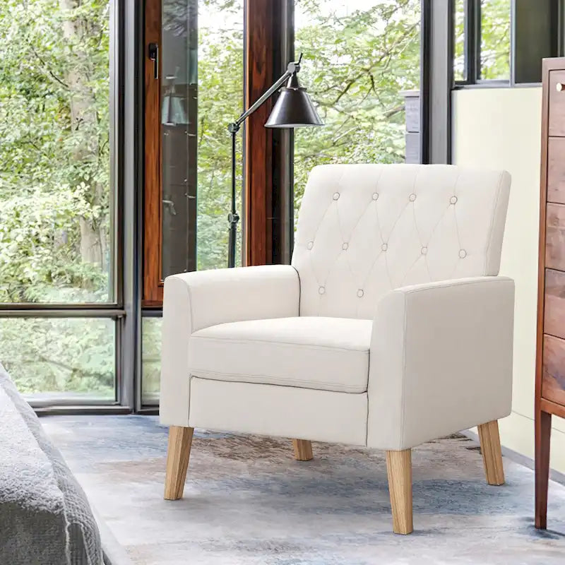 Sillón decorativo moderno de lino con botones y marco de madera maciza