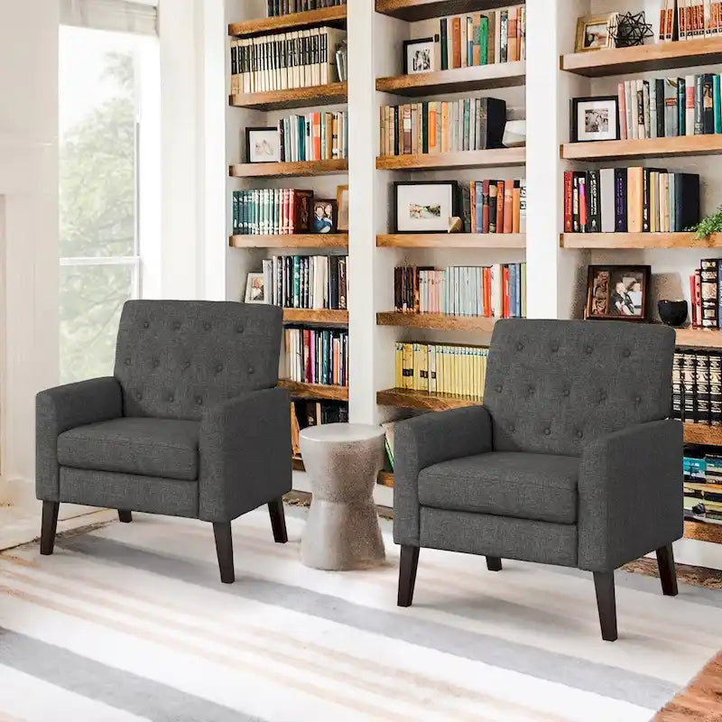 Sillón decorativo moderno de lino con botones y marco de madera maciza