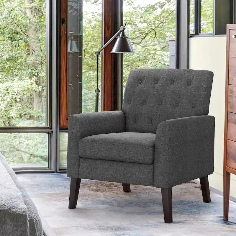 Sillón decorativo moderno de lino con botones y marco de madera maciza