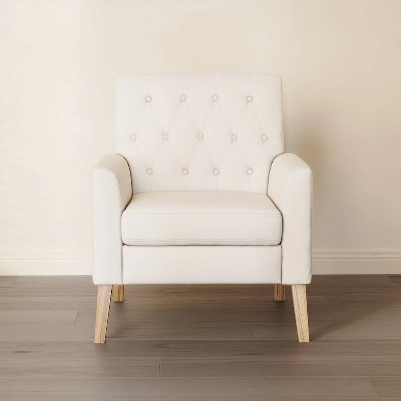 Sillón decorativo moderno de lino con botones y marco de madera maciza