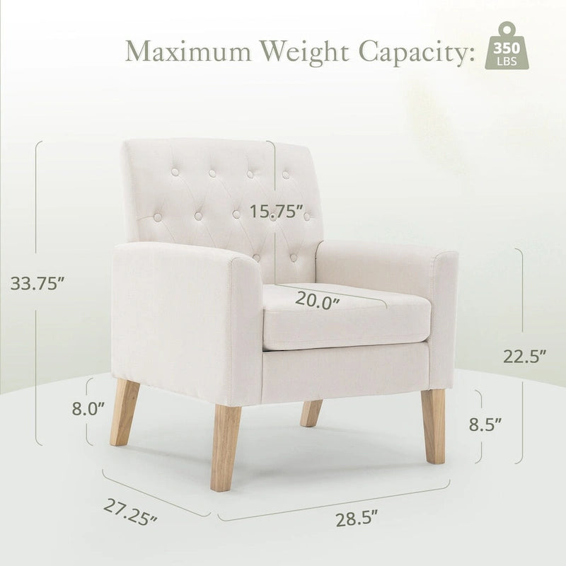 Sillón decorativo moderno de lino con botones y marco de madera maciza
