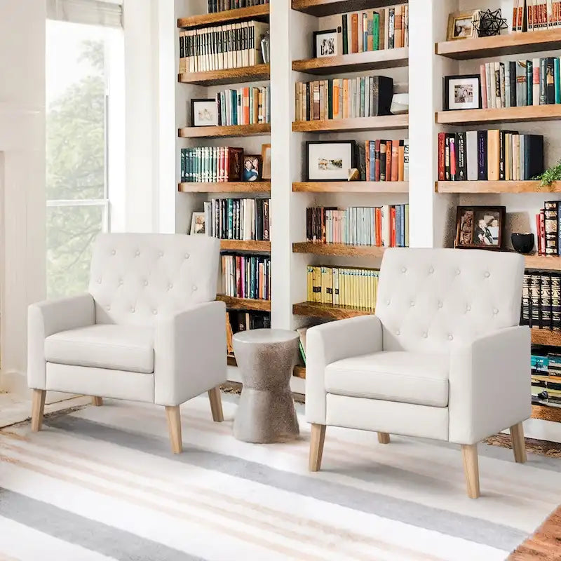 Sillón decorativo moderno de lino con botones y marco de madera maciza