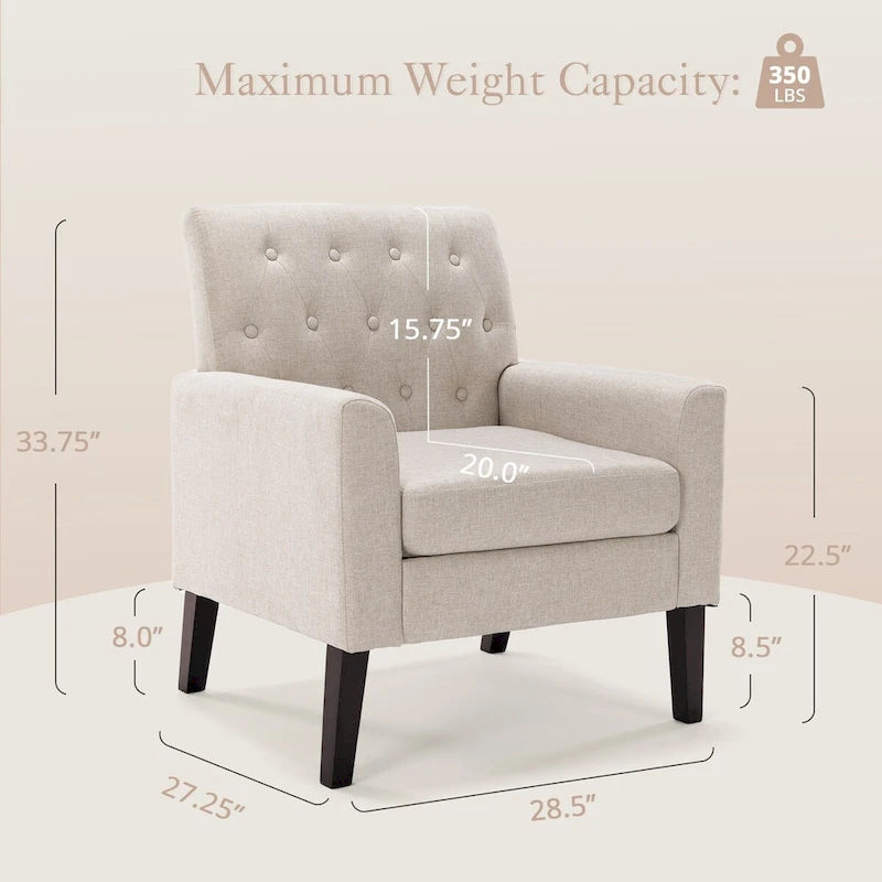 Sillón decorativo moderno de lino con botones y marco de madera maciza