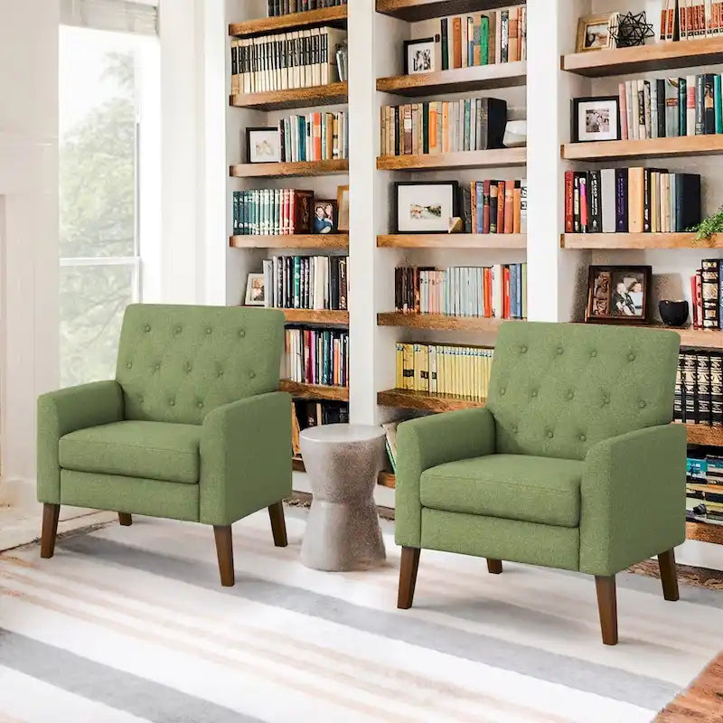 Sillón decorativo moderno de lino con botones y marco de madera maciza