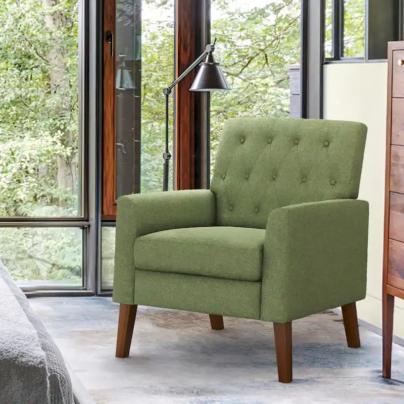 Sillón decorativo moderno de lino con botones y marco de madera maciza