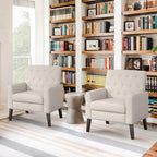 Sillón decorativo moderno de lino con botones y marco de madera maciza