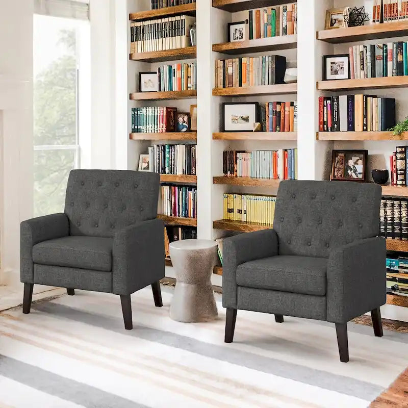 Sillón decorativo moderno de lino con botones y marco de madera maciza