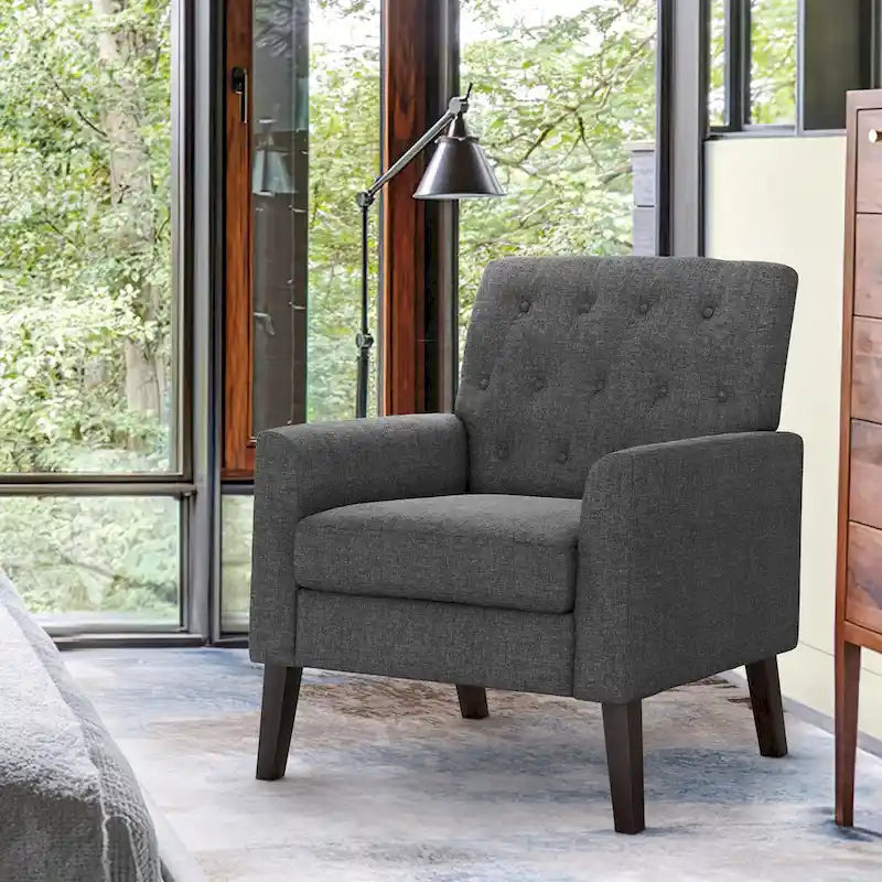 Sillón decorativo moderno de lino con botones y marco de madera maciza