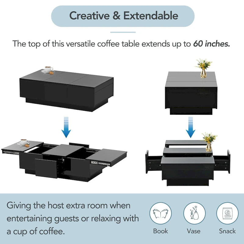 Mesa de centro multifuncional extensible, mesa de sofá, mesa de cóctel con 2 compartimentos de almacenamiento ocultos