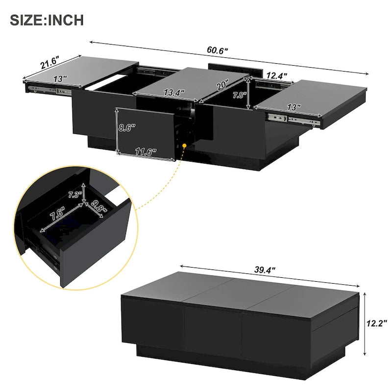 Mesa de centro multifuncional extensible, mesa de sofá, mesa de cóctel con 2 compartimentos de almacenamiento ocultos