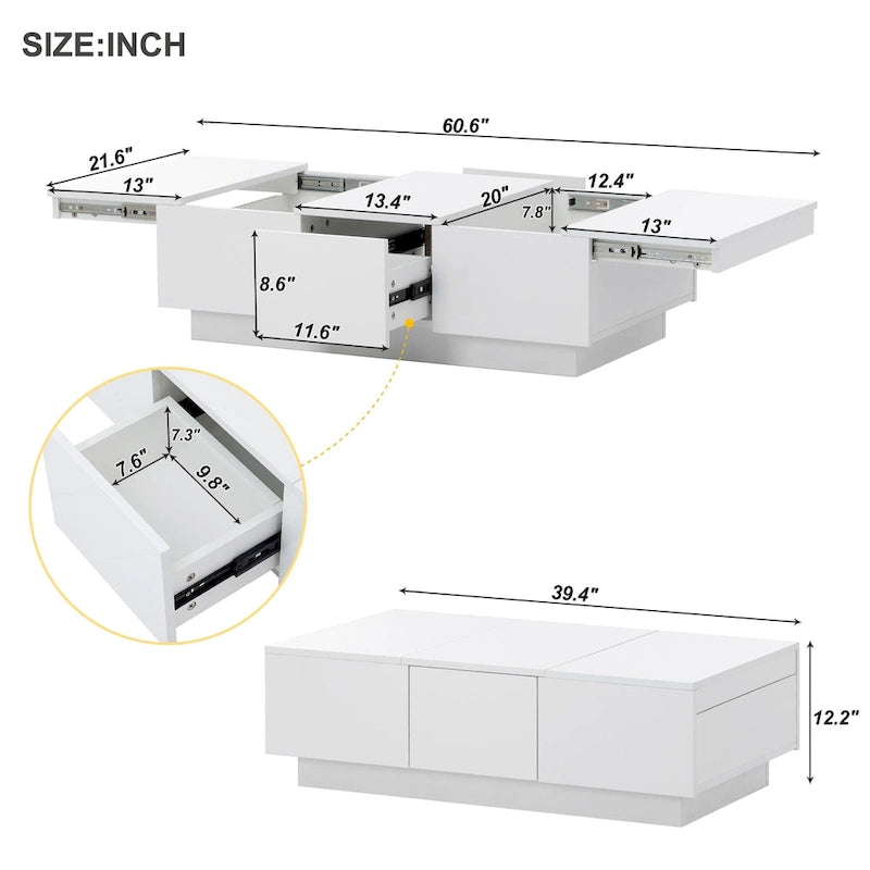 Mesa de centro multifuncional extensible, mesa de sofá, mesa de cóctel con 2 compartimentos de almacenamiento ocultos