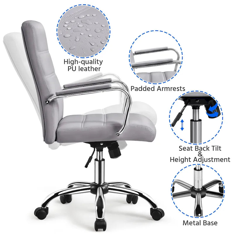 Silla de oficina giratoria de piel sintética con respaldo medio ajustable