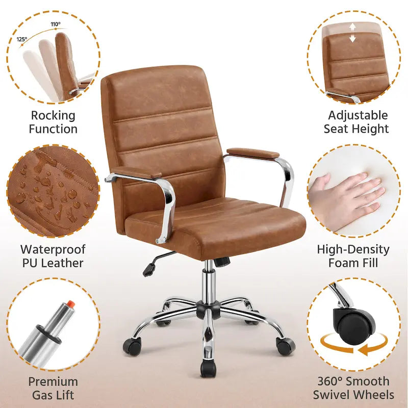 Silla de oficina giratoria de piel sintética con respaldo medio ajustable